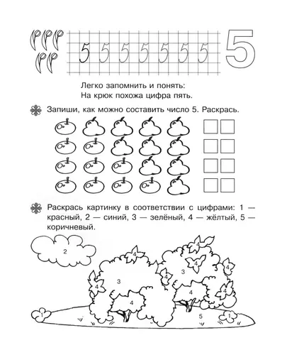 Цифра пять. Обведи и раскрась