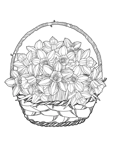 Раскраска Антистресс корзина с цветами нарциссами
