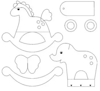 Карточки для гостей - Лошадка-качалка, слон-каталка, коляска и колыбель